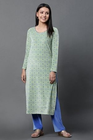 Green Geometric Printed Kurta and Pants Winter Set