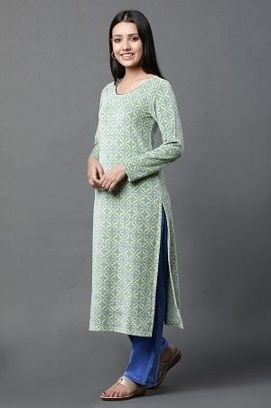 Green Geometric Printed Kurta and Pants Winter Set