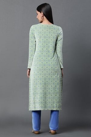 Green Geometric Printed Kurta and Pants Winter Set