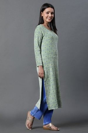 Green Geometric Printed Kurta and Pants Winter Set