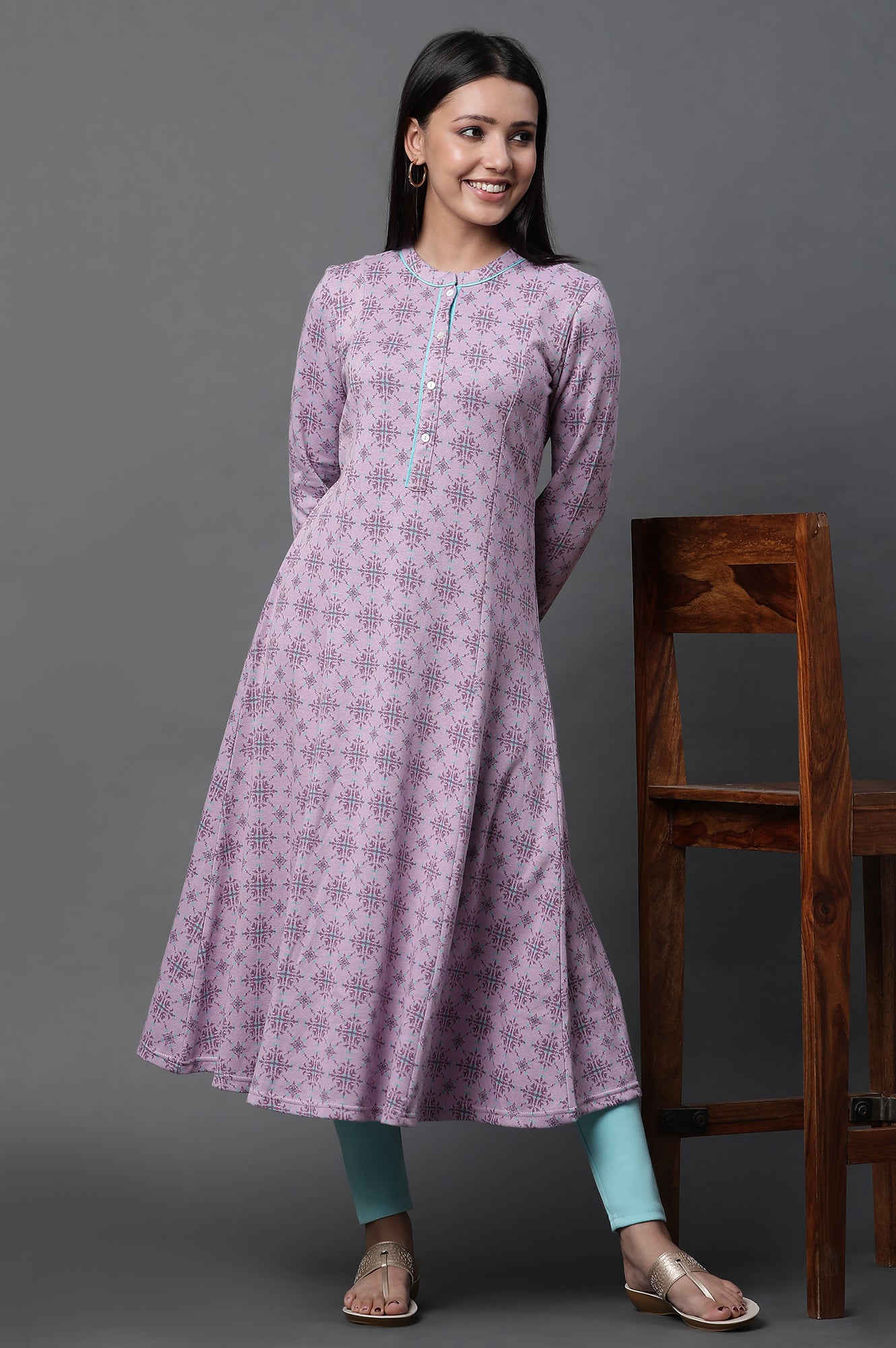 Purple Printed A-line Kurta and Tights Winter Set