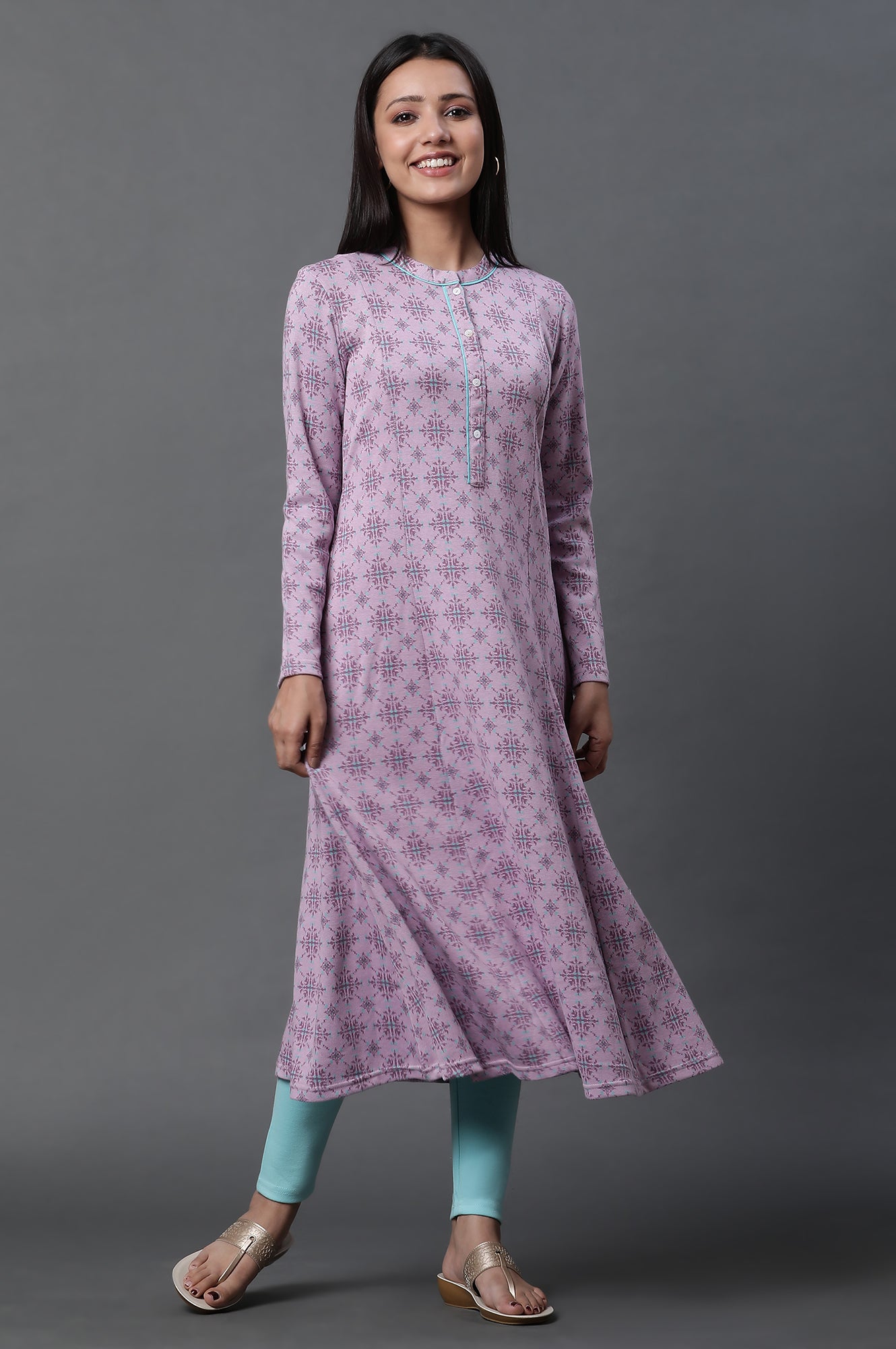 Purple Printed A-line Kurta and Tights Winter Set