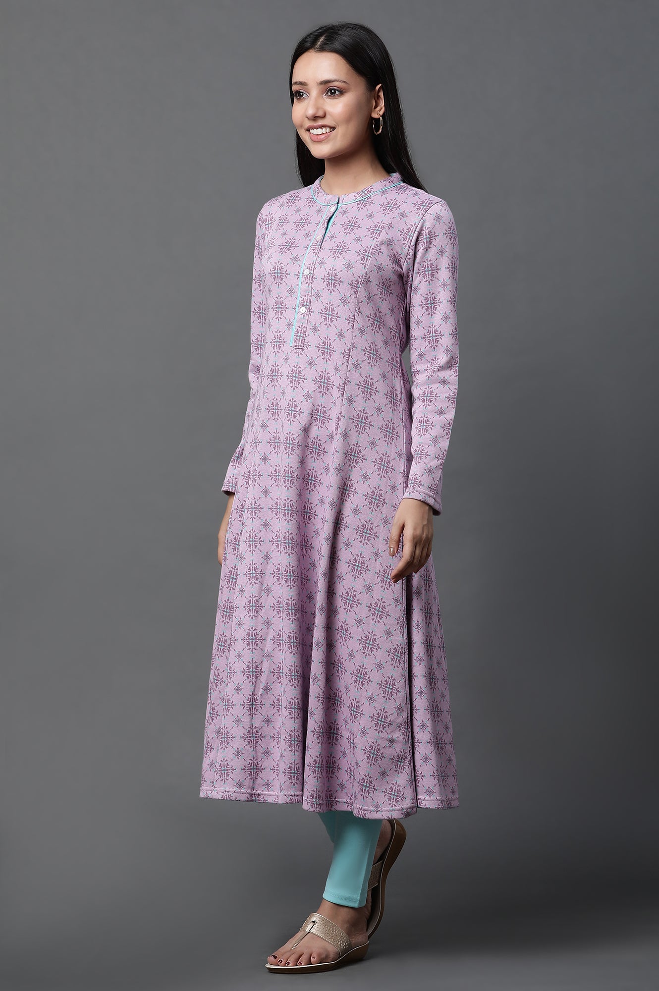 Purple Printed A-line Kurta and Tights Winter Set