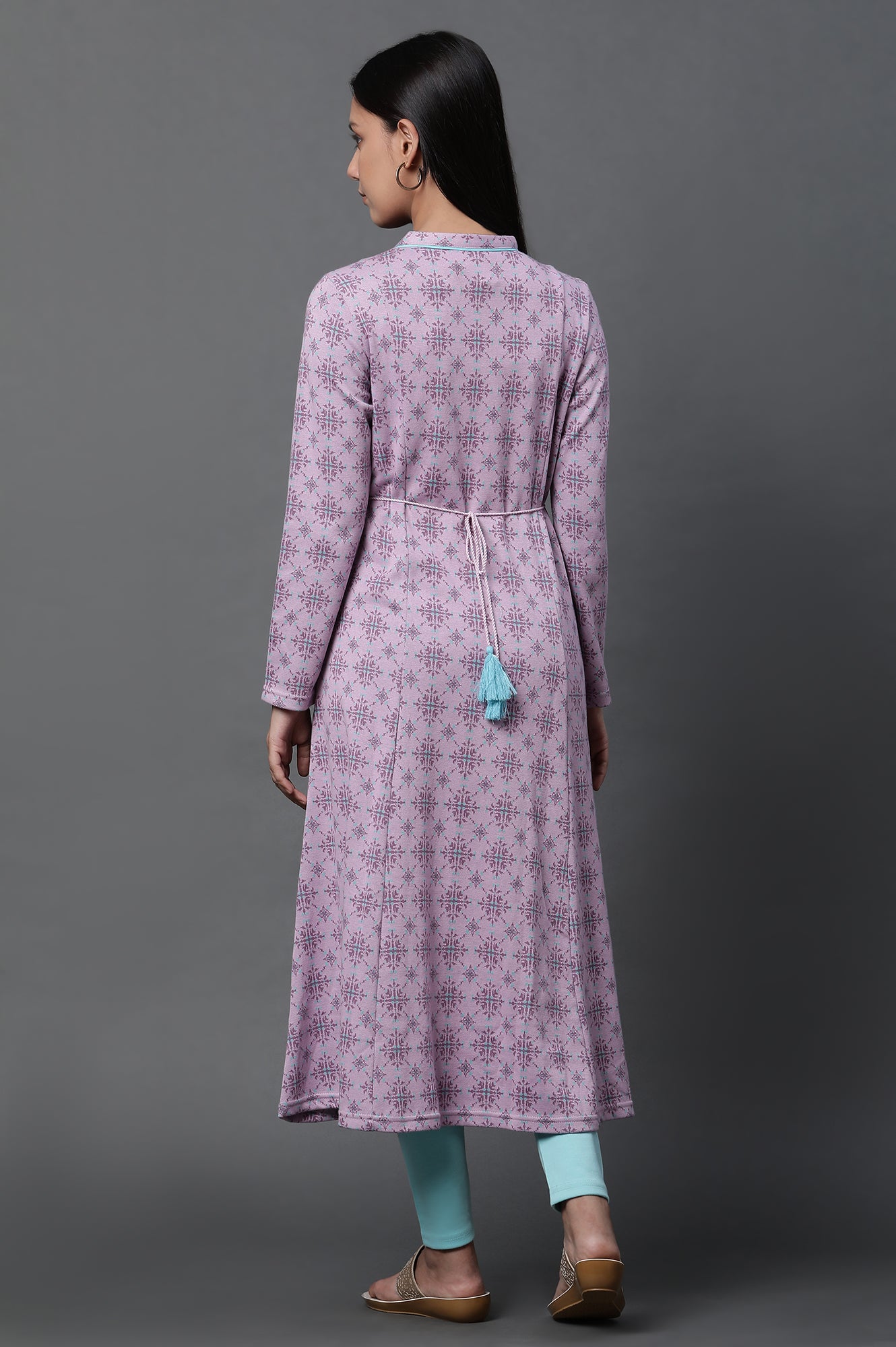 Purple Printed A-line Kurta and Tights Winter Set