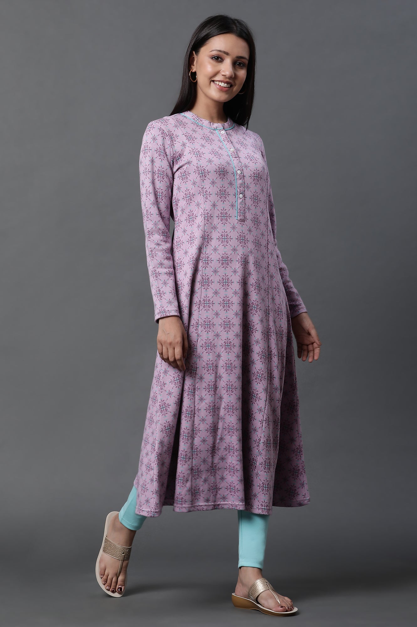 Purple Printed A-line Kurta and Tights Winter Set