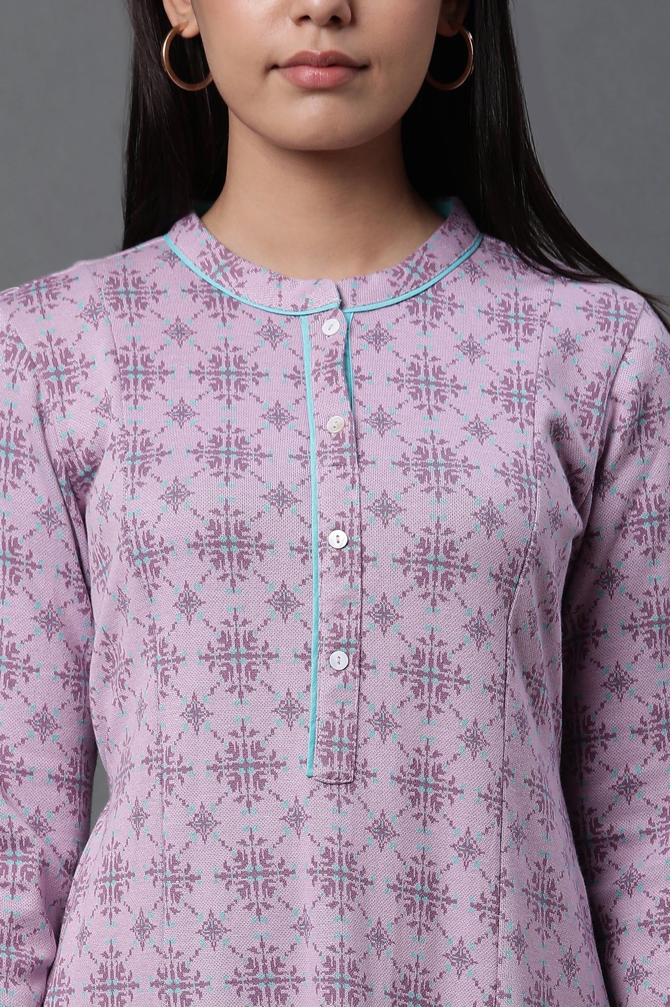 Purple Printed A-line Kurta and Tights Winter Set