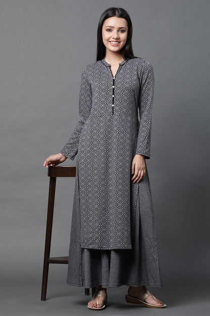 Grey Geometric Printed Mock Layered Winter Kurta and Tights Set