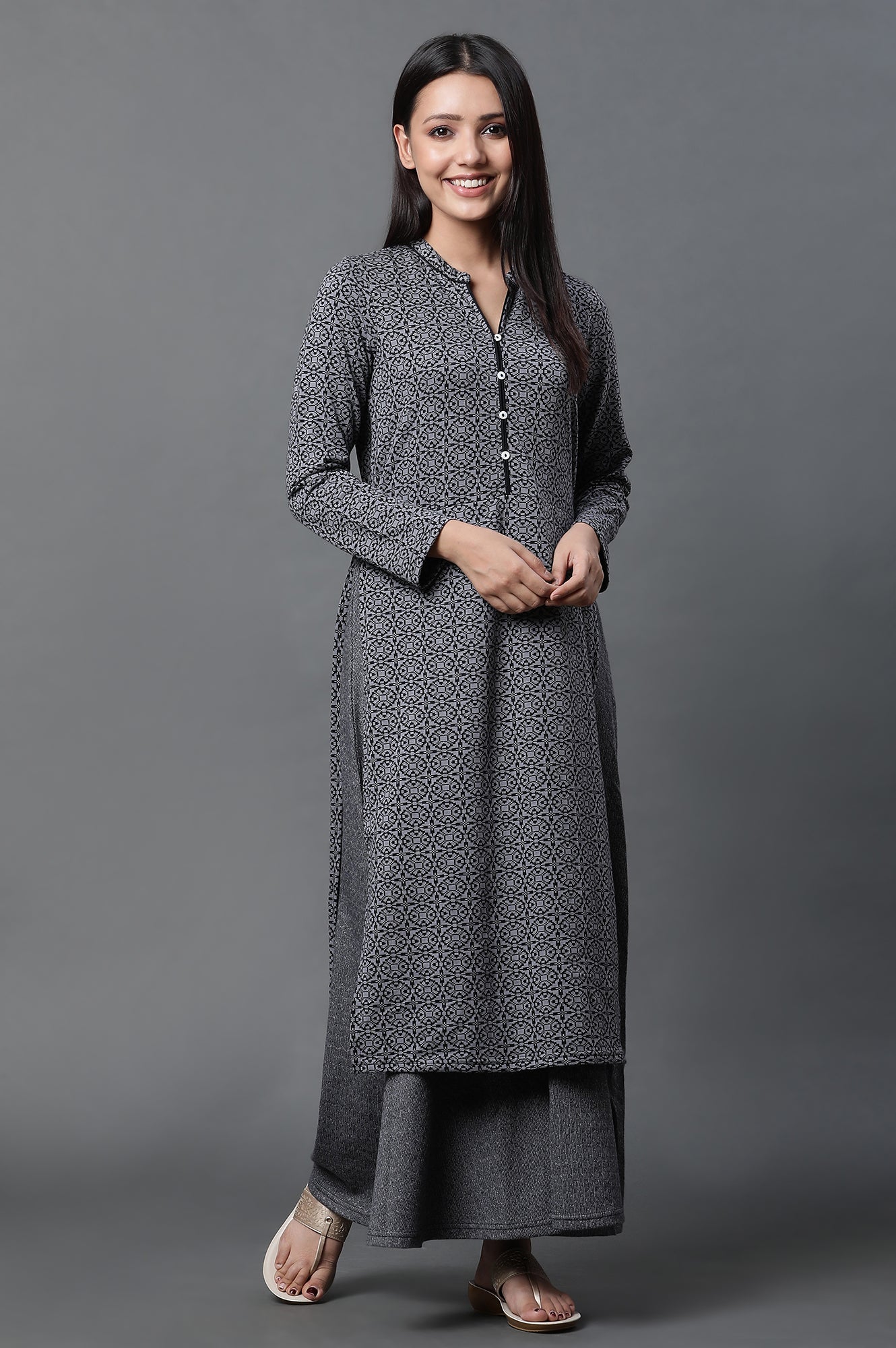 Grey Geometric Printed Mock Layered Winter Kurta and Tights Set