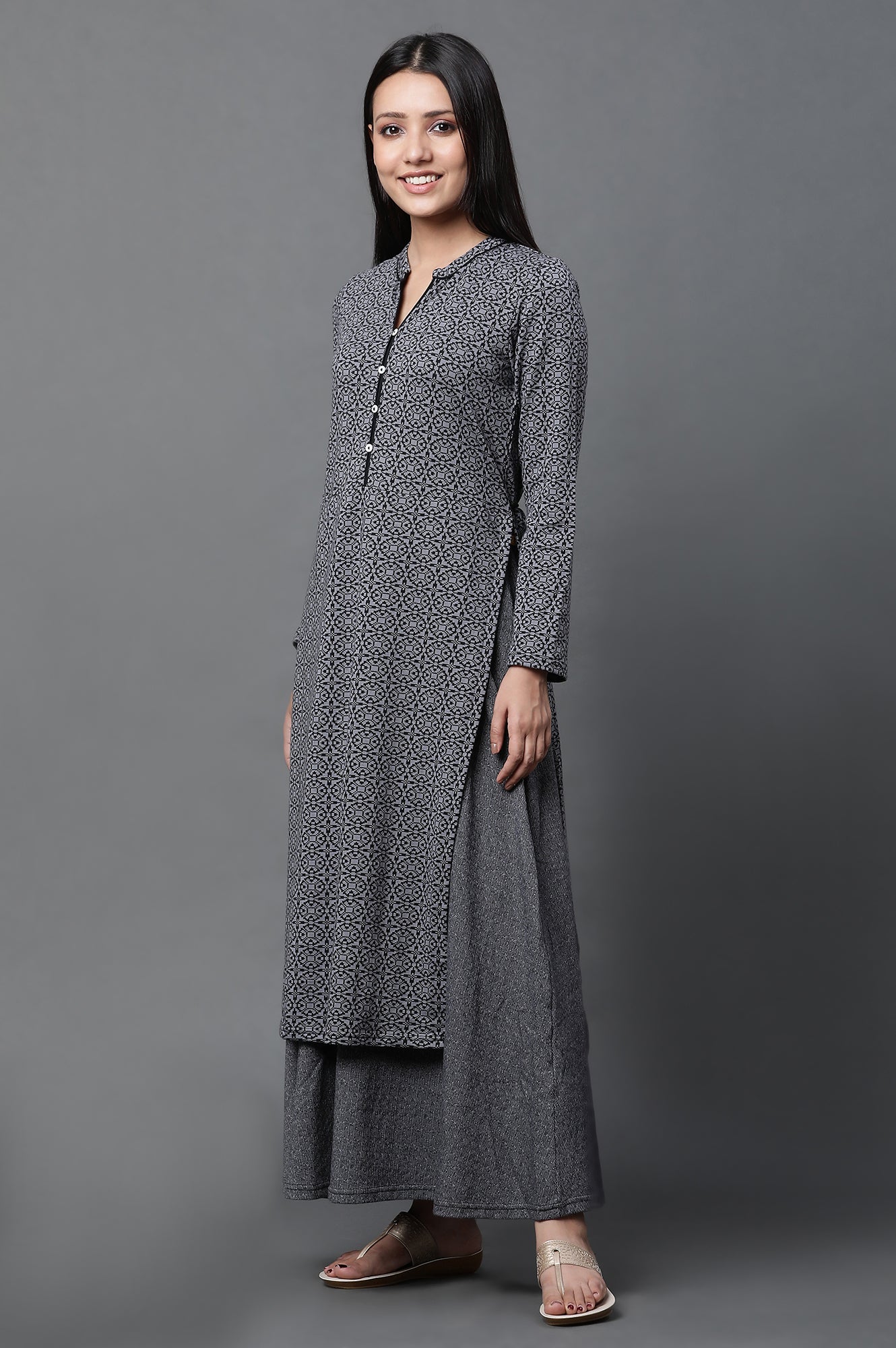 Grey Geometric Printed Mock Layered Winter Kurta and Tights Set