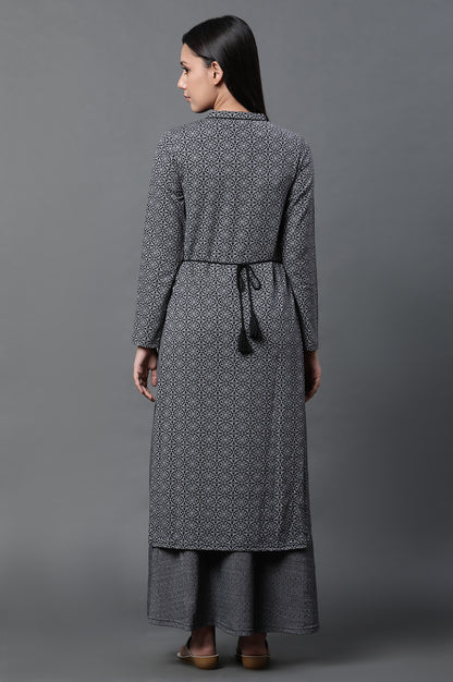 Grey Geometric Printed Mock Layered Winter Kurta and Tights Set