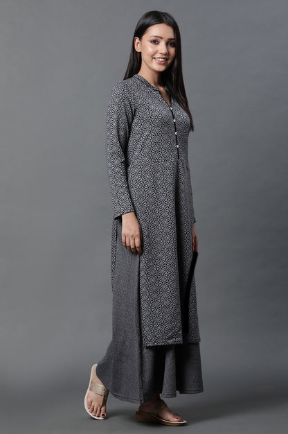 Grey Geometric Printed Mock Layered Winter Kurta and Tights Set