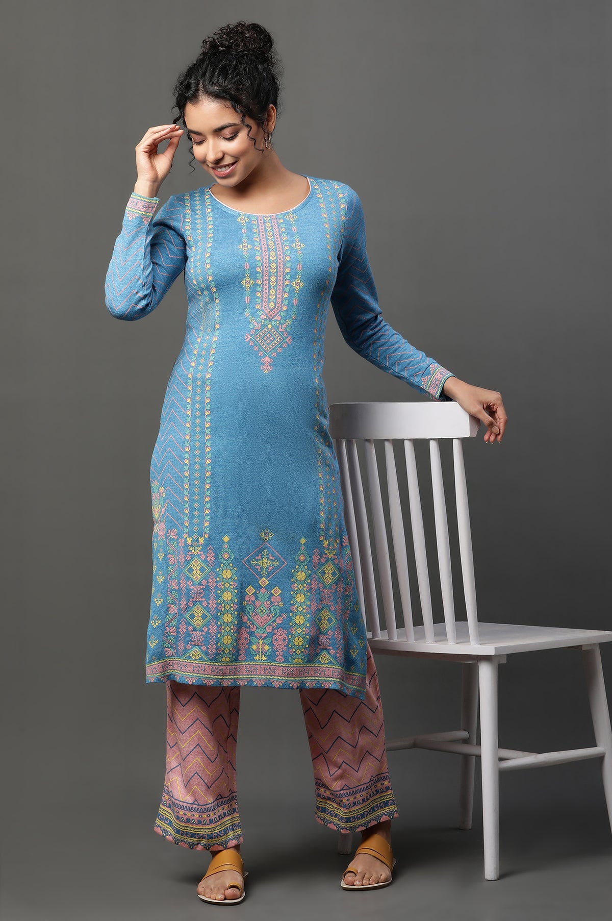 Blue Printed Winter Kurta and Peach Pants Set - XS