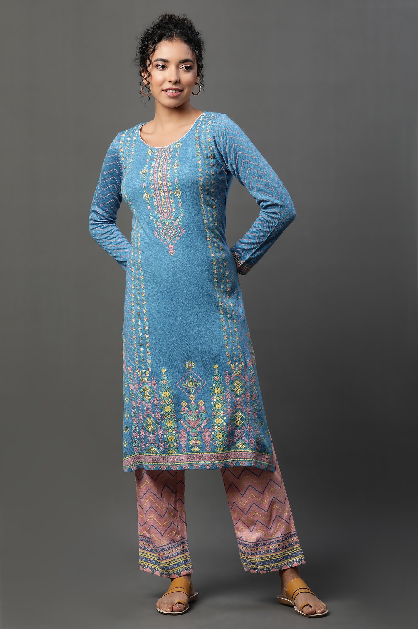 Blue Printed Winter Kurta and Peach Pants Set