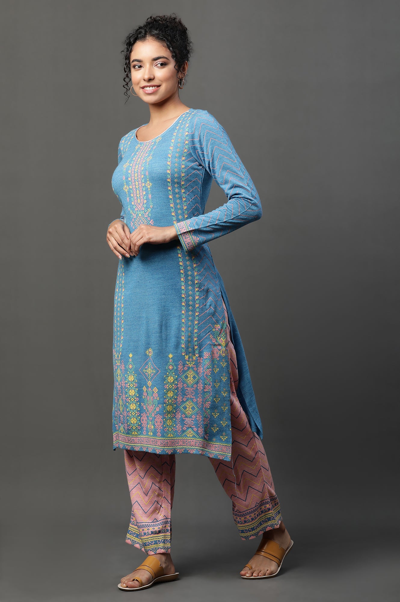 Blue Printed Winter Kurta and Peach Pants Set