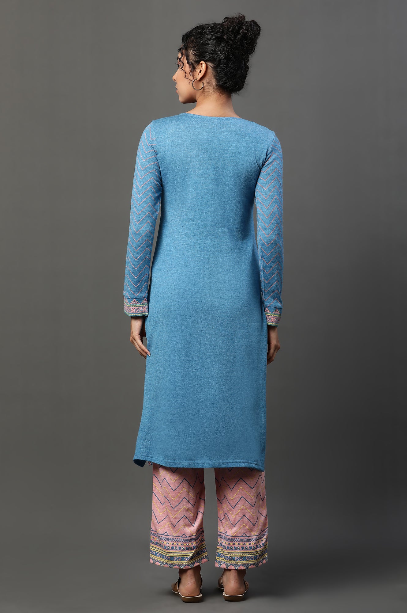 Blue Printed Winter Kurta and Peach Pants Set