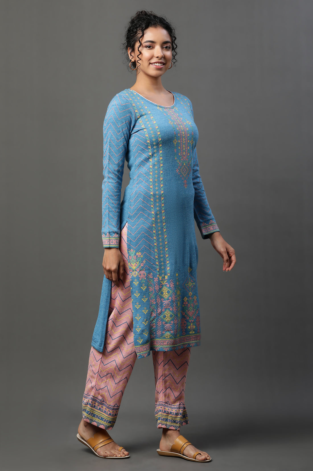 Blue Printed Winter Kurta and Peach Pants Set