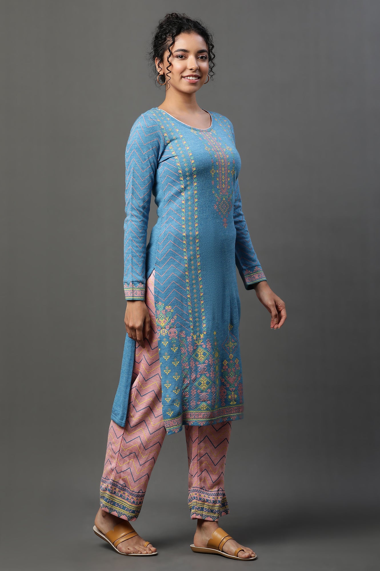 Blue Printed Winter Kurta and Peach Pants Set