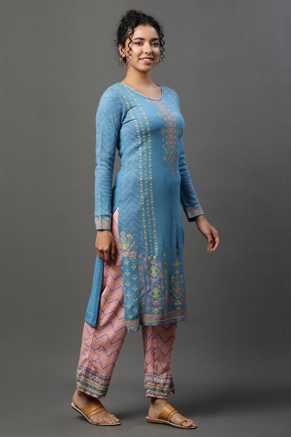 Blue Printed Winter Kurta and Peach Pants Set
