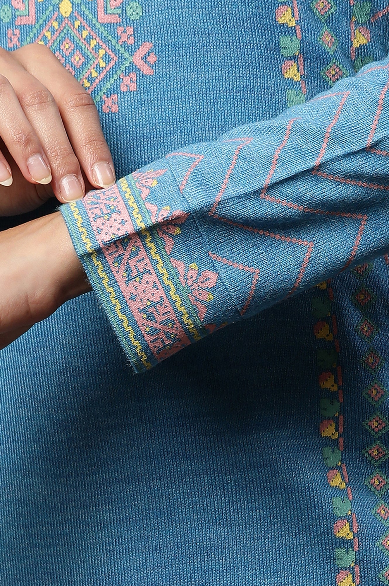 Blue Printed Winter Kurta and Peach Pants Set