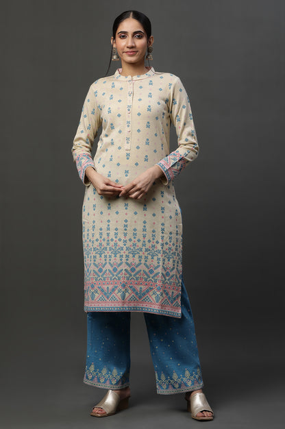 Off-White Floral Printed Winter Kurta and Pants Set