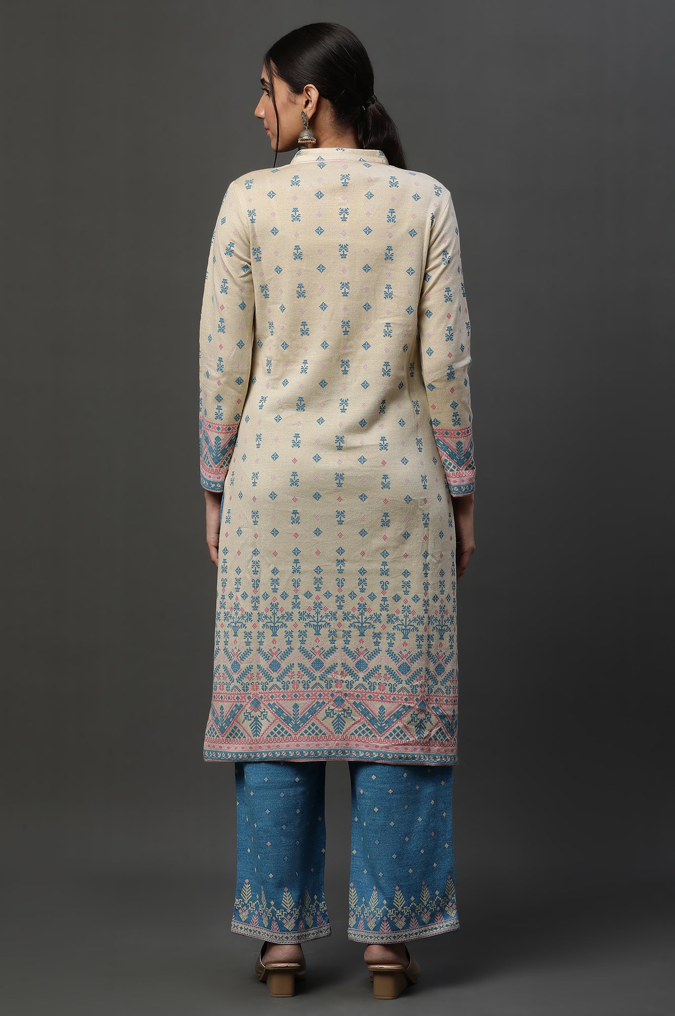 Off-White Floral Printed Winter Kurta and Pants Set