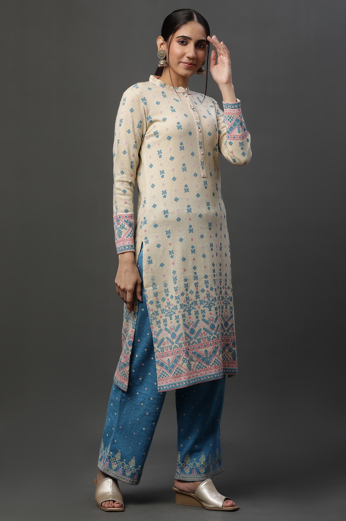 Off-White Floral Printed Winter Kurta and Pants Set