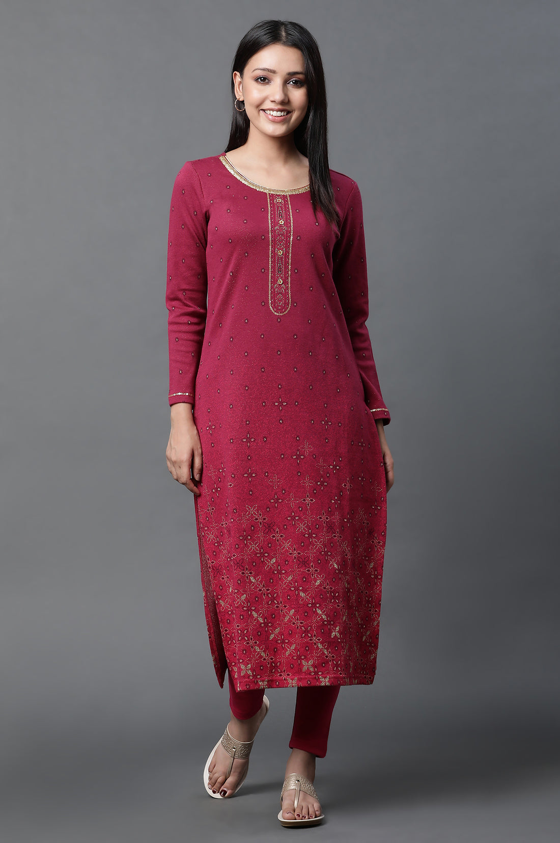Pink Geometric Printed Ethnic Winter Kurta and Tights Set