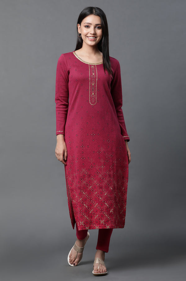 Pink Geometric Printed Ethnic Winter Kurta and Tights Set