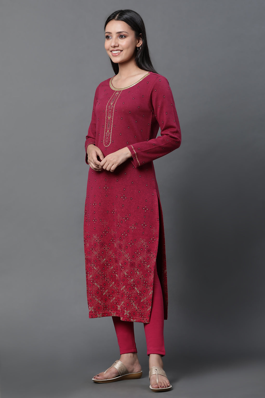 Pink Geometric Printed Ethnic Winter Kurta and Tights Set