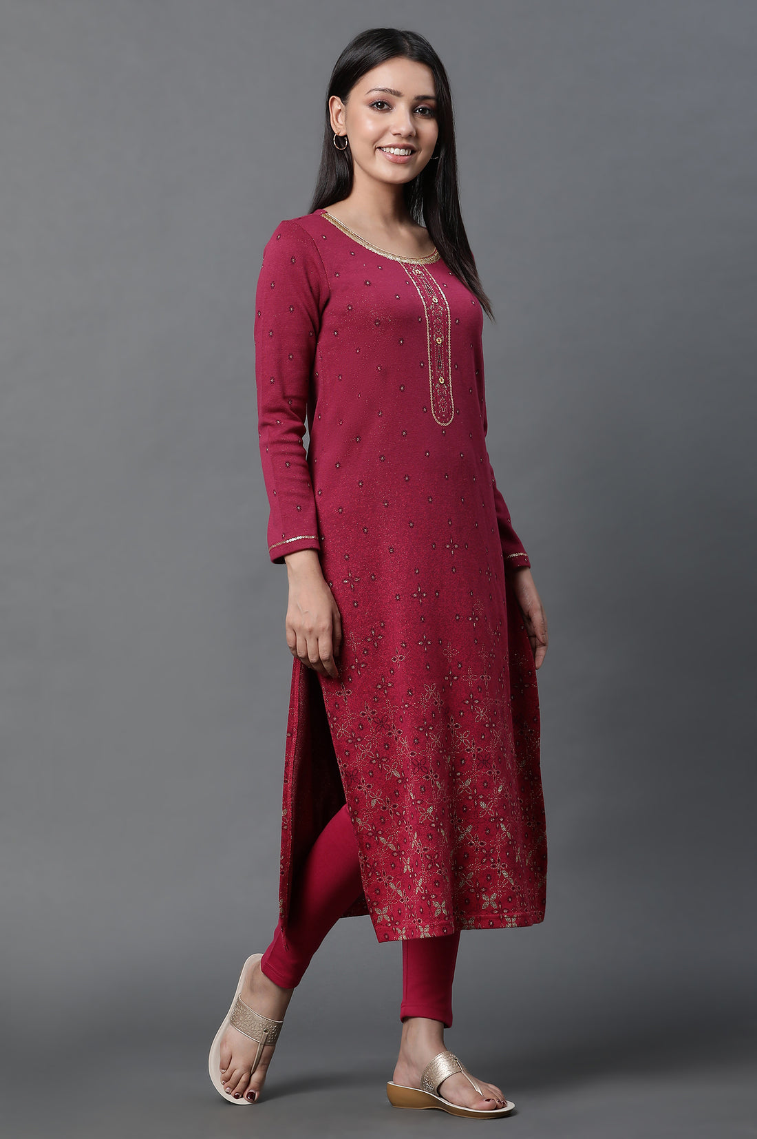Pink Geometric Printed Ethnic Winter Kurta and Tights Set