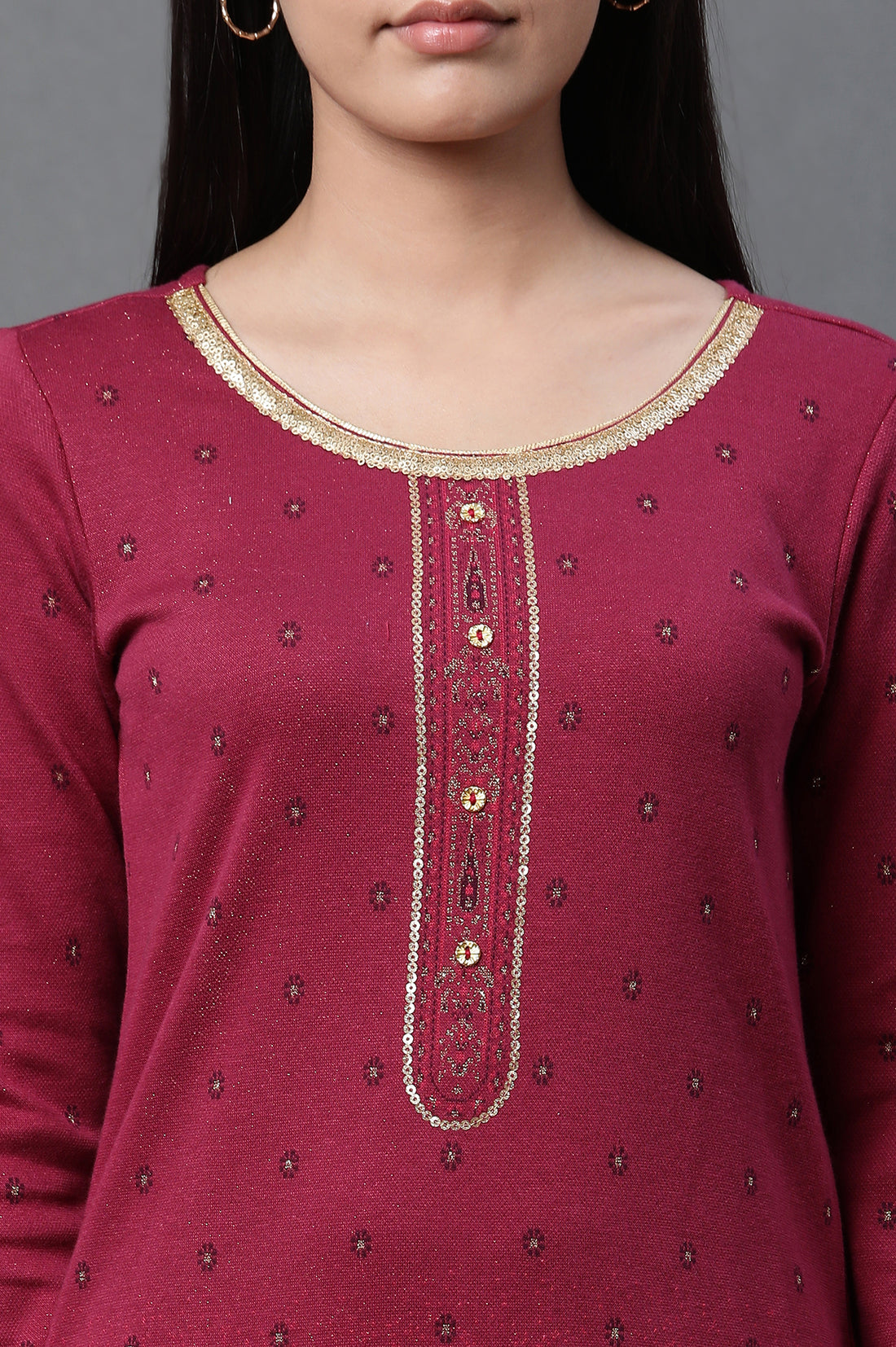 Pink Geometric Printed Ethnic Winter Kurta and Tights Set