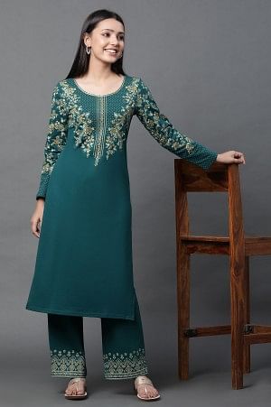 Green Floral Printed Ethnic Kurta and Palazzo Winter Set