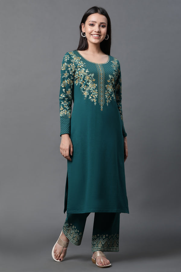 Green Floral Printed Ethnic Kurta and Palazzo Winter Set