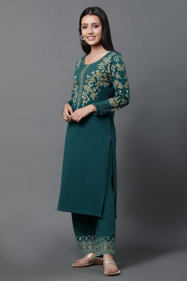 Green Floral Printed Ethnic Kurta and Palazzo Winter Set