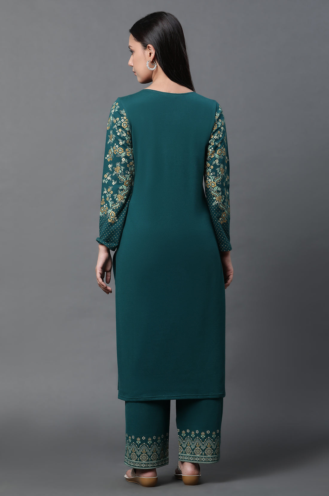 Green Floral Printed Ethnic Kurta and Palazzo Winter Set