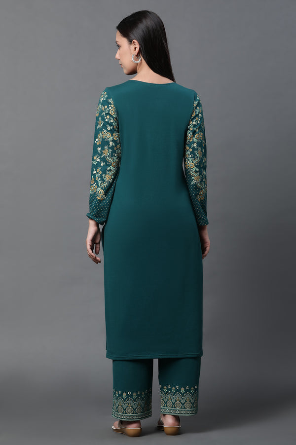 Green Floral Printed Ethnic Kurta and Palazzo Winter Set