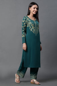 Green Floral Printed Ethnic Kurta and Palazzo Winter Set