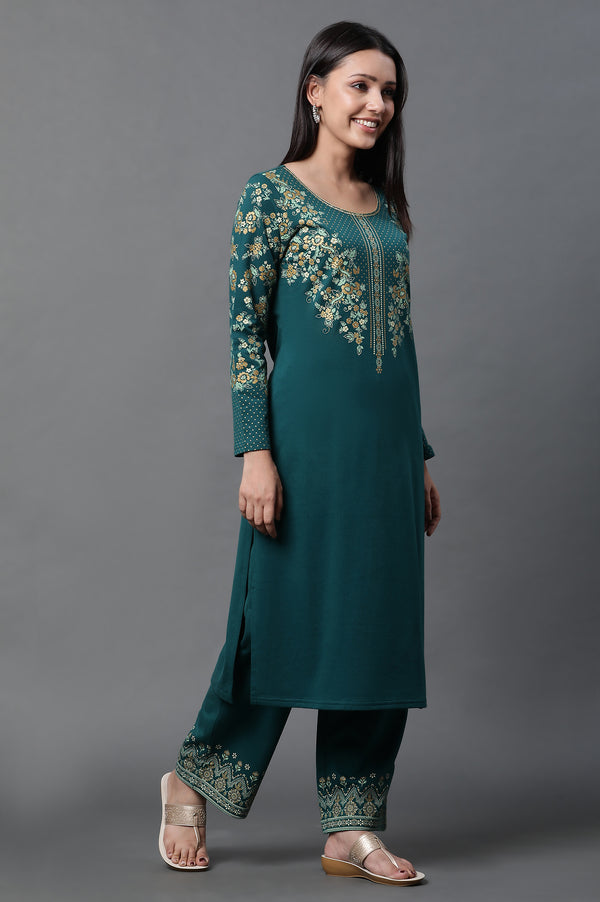 Green Floral Printed Ethnic Kurta and Palazzo Winter Set