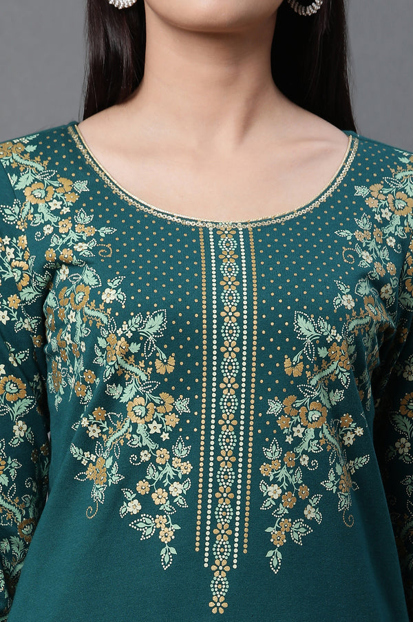 Green Floral Printed Ethnic Kurta and Palazzo Winter Set