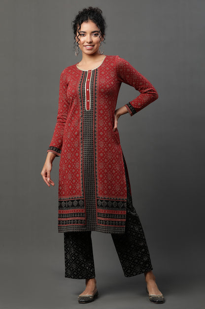 Red Floral Printed Jacquard Winter Kurta and Narrow Palazzo Set