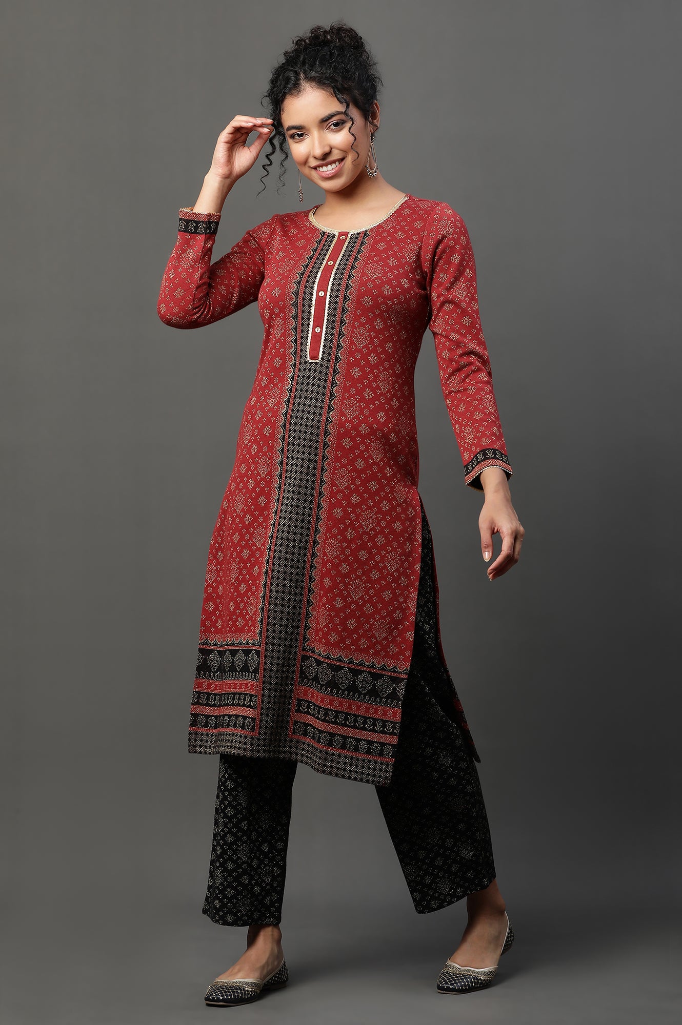 Red Floral Printed Jacquard Winter Kurta and Narrow Palazzo Set