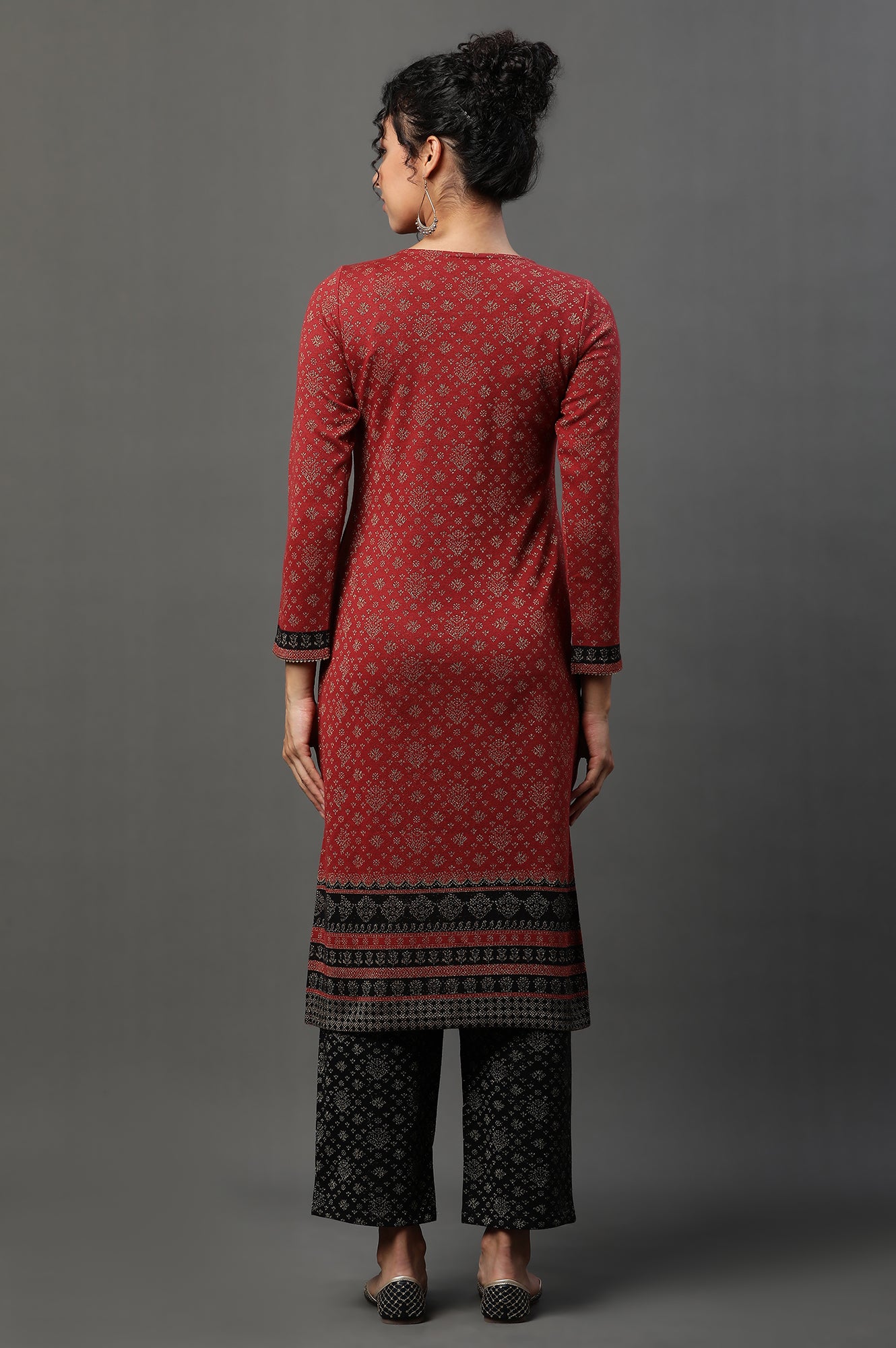 Red Floral Printed Jacquard Winter Kurta and Narrow Palazzo Set