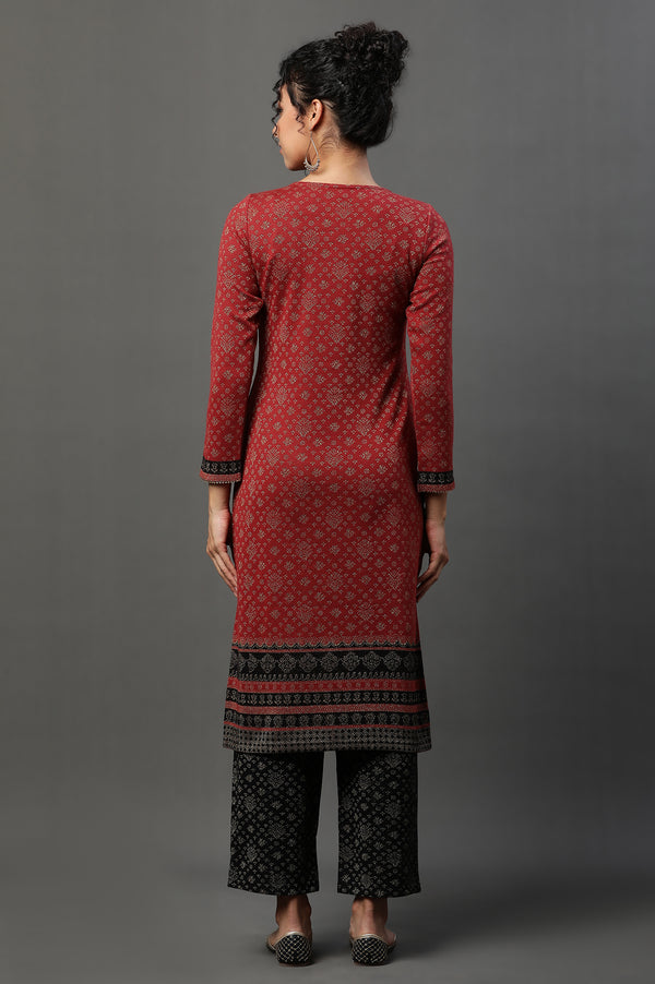 Red Floral Printed Jacquard Winter Kurta and Narrow Palazzo Set