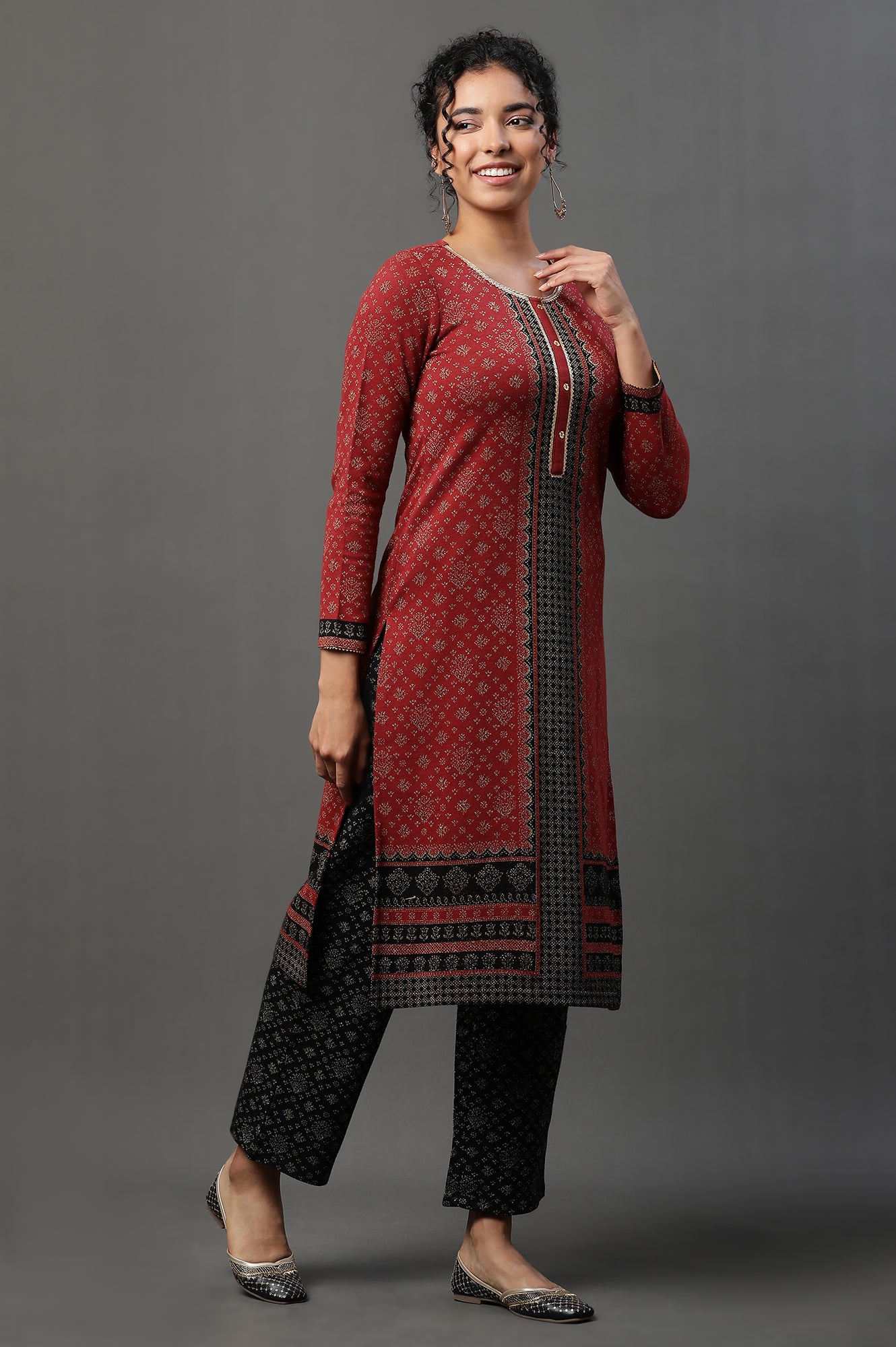 Red Floral Printed Jacquard Winter Kurta and Narrow Palazzo Set