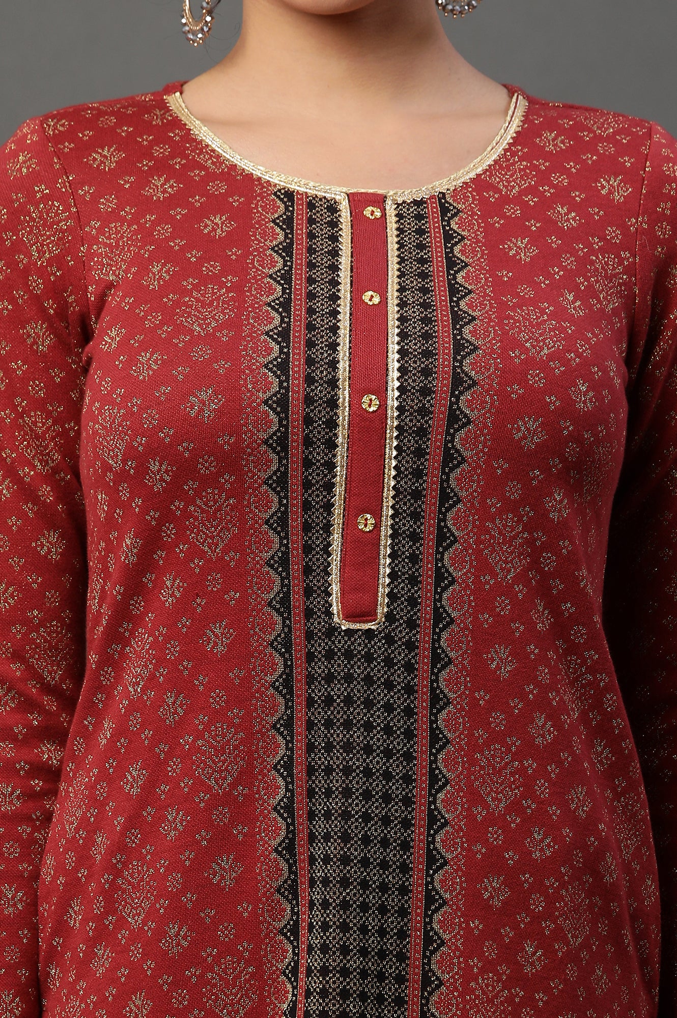 Red Floral Printed Jacquard Winter Kurta and Narrow Palazzo Set