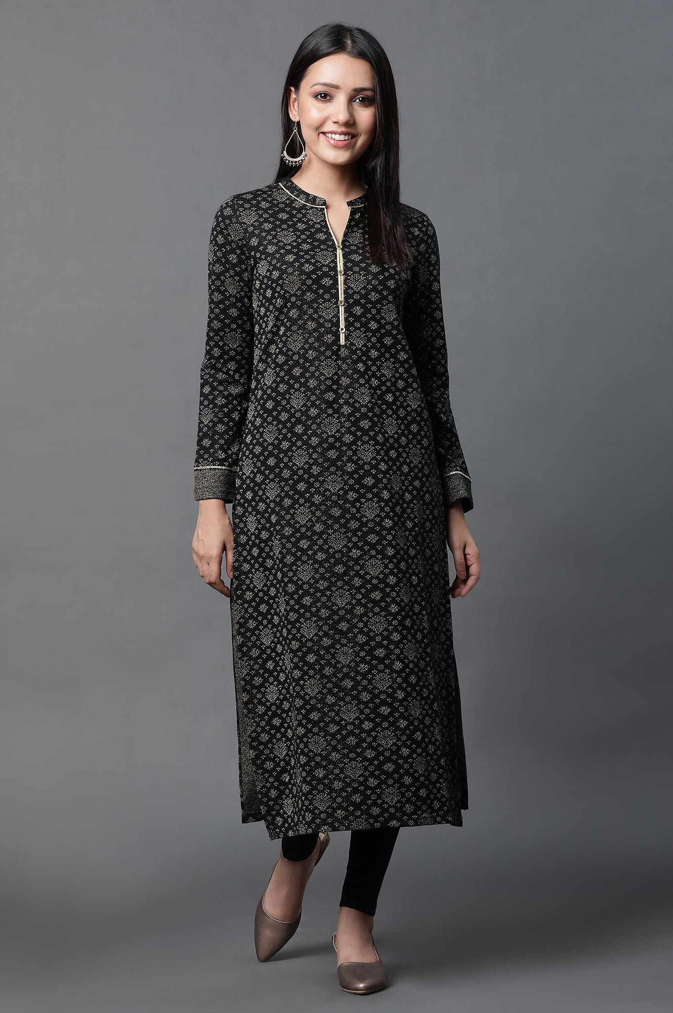 Black Jacquard Festive Winter Kurta and Tights Set