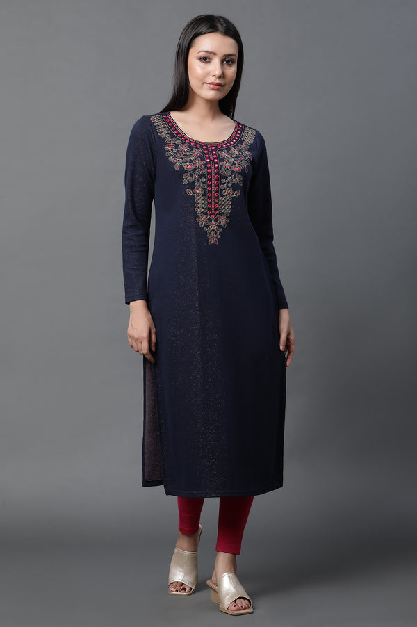 Blue Warm Jacquard Winter Kurta and Tights Set