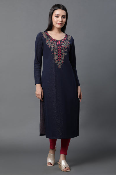 Blue Warm Jacquard Winter Kurta and Tights Set