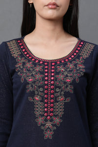 Blue Warm Jacquard Winter Kurta and Tights Set