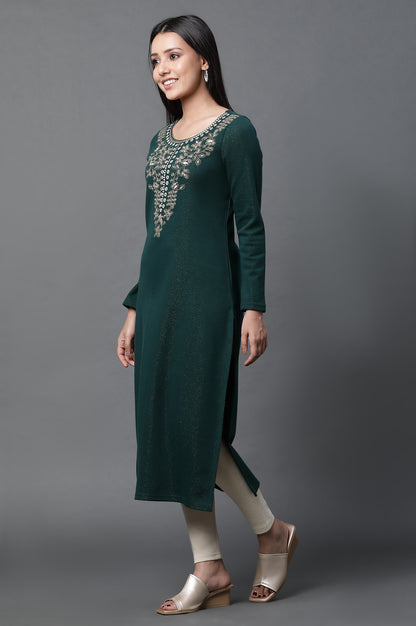 Green Embroidered Winter Kurta and Tights Set